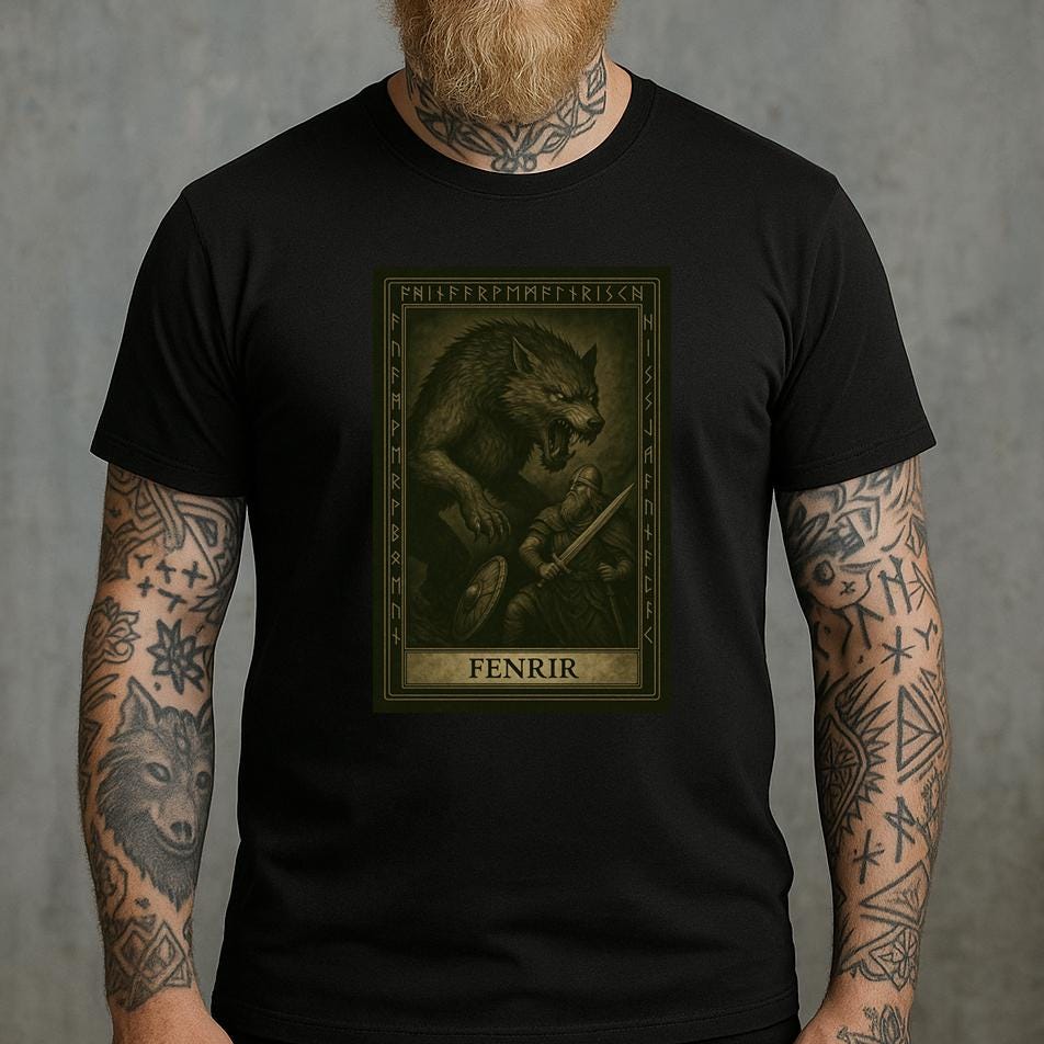 Fenrir Norse Tarot Men T Shirt Viking Mythology Tee Runes Ravens Pagan Wolf Spirit Graphic Cotton Shirts