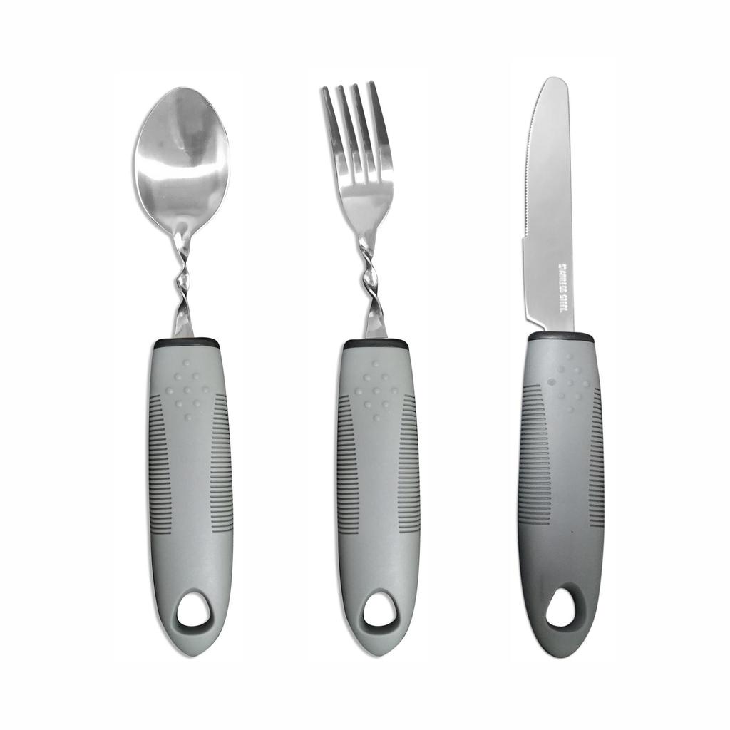 Stainless Steel Adaptive Foldable Utensil Set with Anti-Shake Rubber-Plastic Handle for Elderly Rehabilitation (Knife, Fork, Spoon)