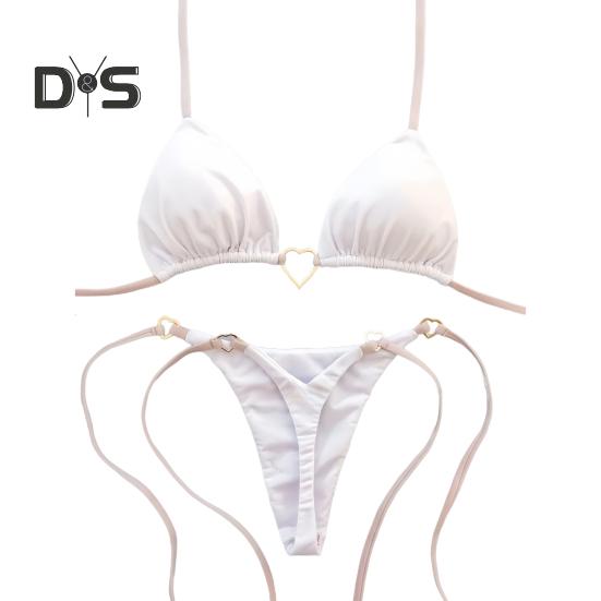 2Pcs/Set Women Bikini Set Heart Metal Buckle Halter Lace-up Swimsuit with Briefs Set Quick Drying Beachwear