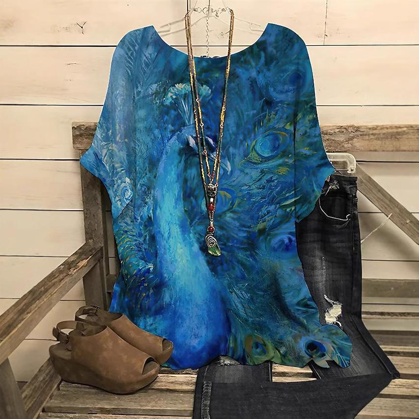 

Большие размеры Женская футболка с цветочным принтом, короткий рукав, 3D футболки, праздничные выходные, модные футболки с круглым вырезом, обычная версия, летние футболки XXL синий