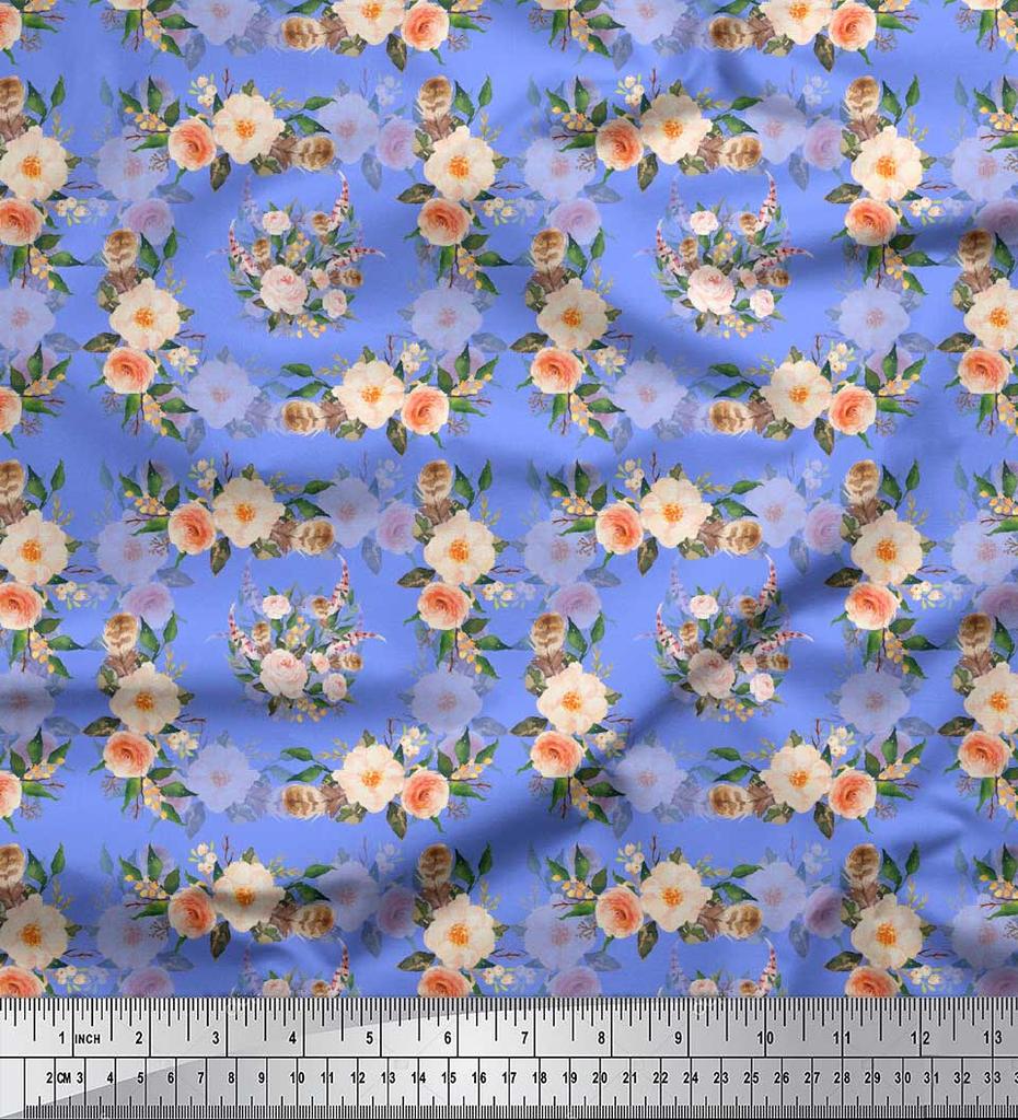 Soimoi Blue Poly Crepe Fabric Begonia & Peony Floral Print Fabric by the Yard 42 Inch