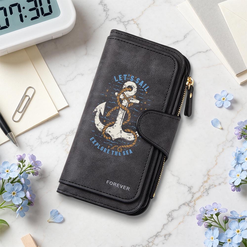 Vintage Anchor Print Wallet Multi Card Organizer Fashion Casual Long Purse
