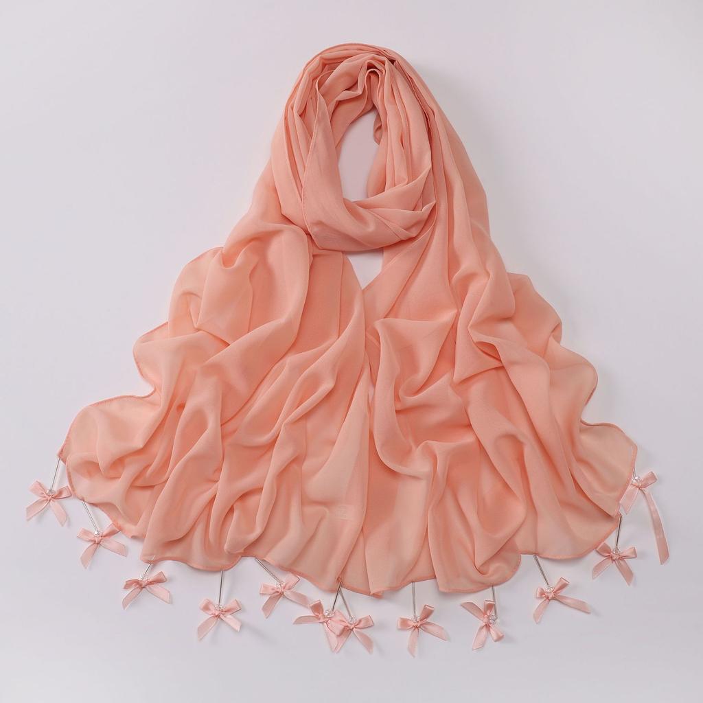 New Chiffon Hijab Veil Scarf Hand-Sewn Glass Tube Bow Long Scarf Gauze Horse Muslim Women Hijab Islam Turban Headscarves Ladies
