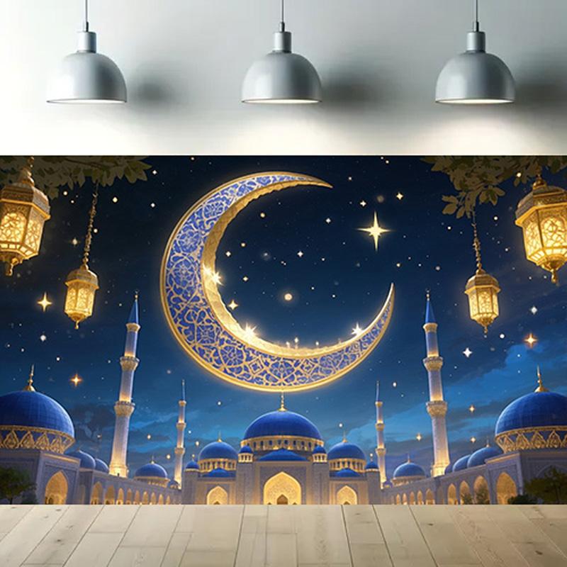 Romantic Starry Sky Theme,EID Al Adha Background Cloth with Crescent Moon,Mosque,Lantern Design,Festive Party Celebrations