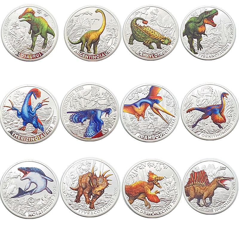Dinosaur Animal Tyrannosaurus Rex Gold Plated Color Printing Commemorative Medal Creative Craft Gold Coin Velociraptor Children's Gift Coin