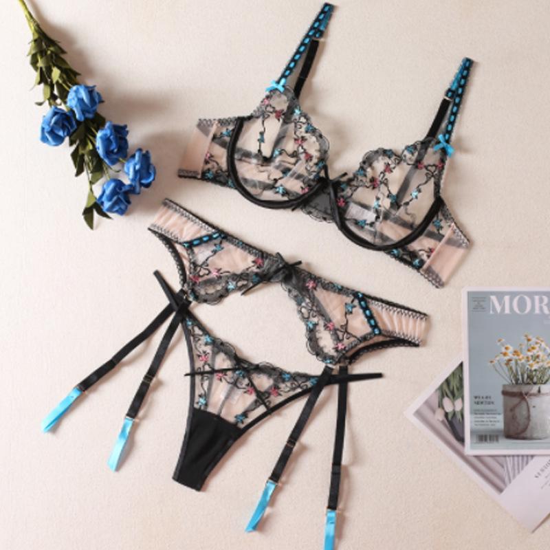 Lace Embroidery Lingerie: Sexy Transparent Push-up Bra & Three-Piece Set