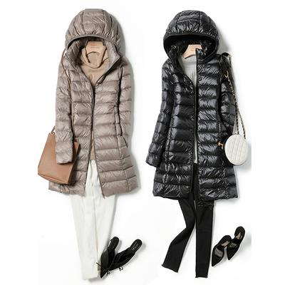 Women's X-long Office Lady Hat Detachable Puffer Jackets Autumn Winter White Duck Down Warm Coat