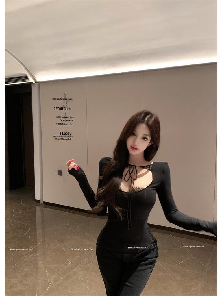 Spring 2026 Korean Yujie Style Black Lace-up Mesh Top Base Layer