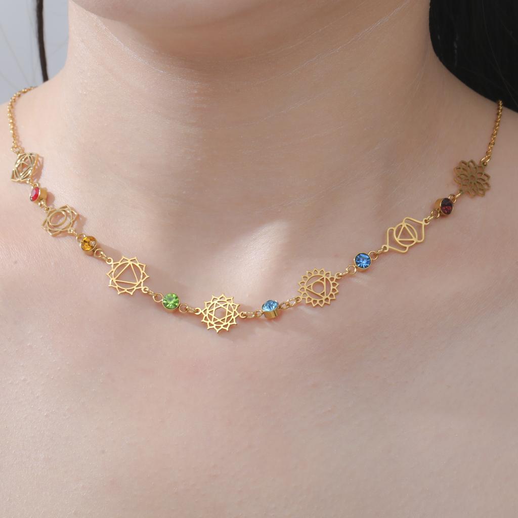 Skyrim 7 Chakra Pendant Necklaces for Women Stainless Steel Gold Color Choker Yoga Meditation Energy Jewelry Birthday Gift
