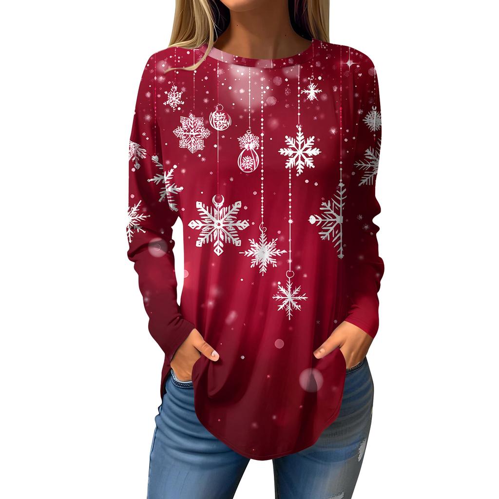 Women's Loose Round Neck Christmas Print Long Sleeve T-Shirt Top Pullover