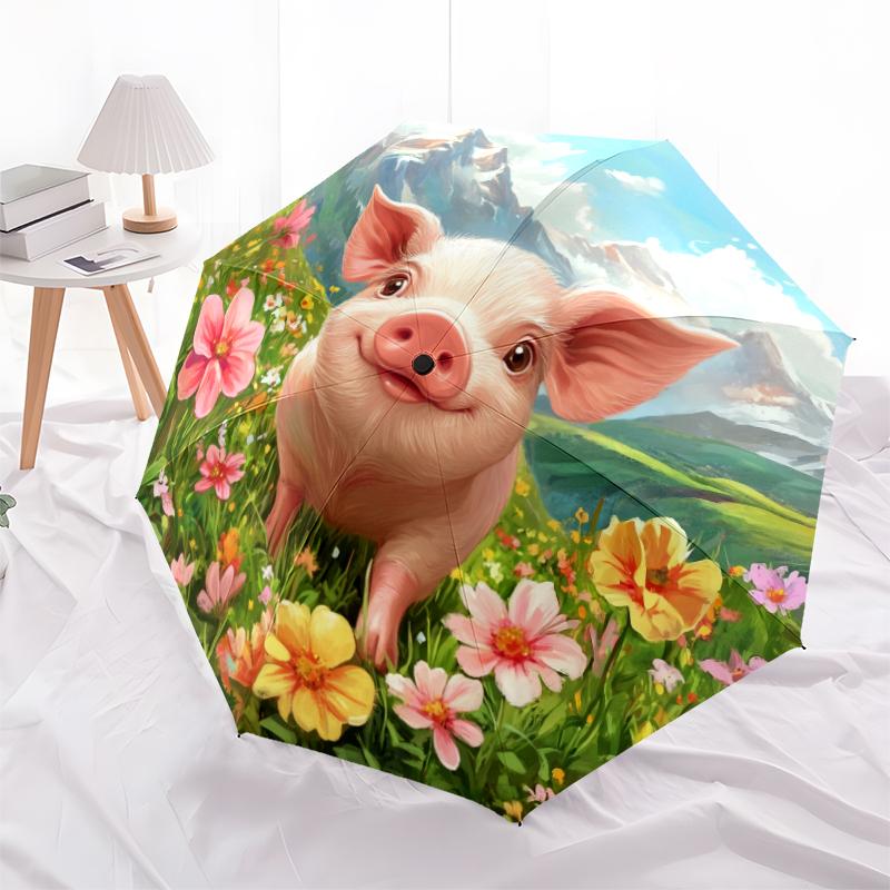 Pig Pattern, Automatic Folding Umbrella, Portable and Foldable Design, 8 Ribs, a Christmas or Birthday Gift.
