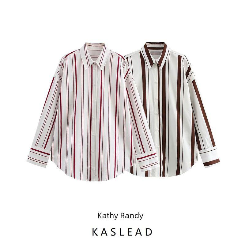 Kaslead New Arrival Women's Fashion Style Stripes Poplin Cotton Long Sleeves Lapel Shirt 2262115 062