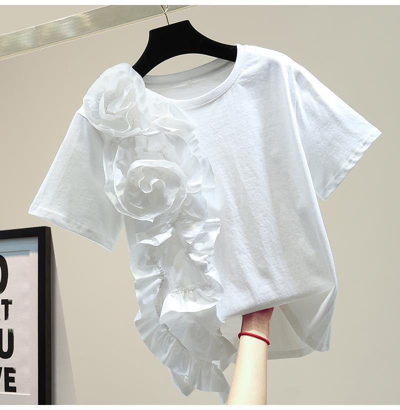 2023 Summer Women's Loose Slimming 3D Floral Patchwork Frilly Top
