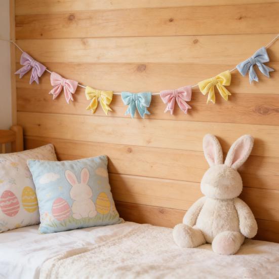 Easter Pastel Bow Garland Velvet Bow for Table Door Garland Decoration Banner Spring Mantel Window Wall