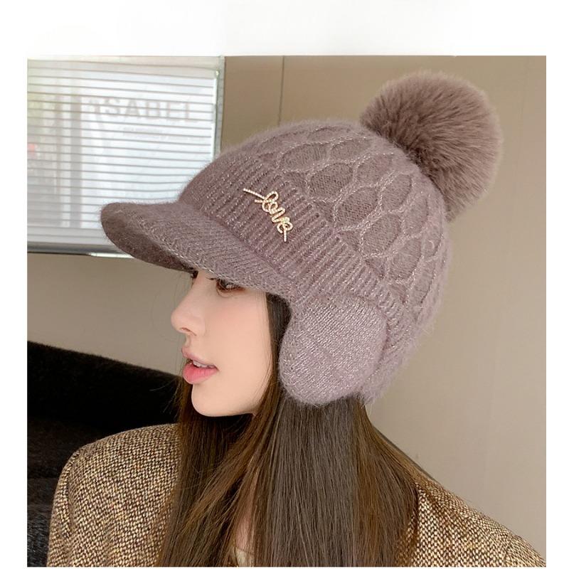 Casquette de baseball de luxe haut de gamme en fourrure de lapin avec diamants pour femmes, hiver, épaisse, protection des oreilles et du visage, pompon en fourrure, bonnet tricoté