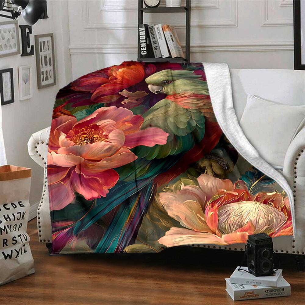 1pc Parrot Blossoms Lightweight Flannel Blanket, Comfortable and Warm Blanket, for Office and Camping Sofa Bed, Livingroom138