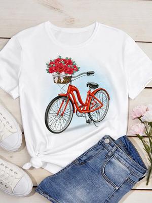 Maycaur Damen Mode Lässige Oberteile Blumen Fahrrad Druck T-Shirt Damen T-Shirt Rundhals Kurzarm T-Shirts Sommer Damen T-Shirts