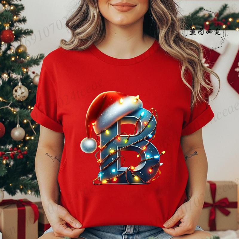 Women's Casual T-Shirt Christmas-lights-wrapped-letter Graphic Tshirt Christmas Design Round Neck Short Sleeve Tee Shirt Clothes