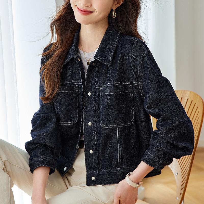 Denim Short Jacket for Women Long Sleeve Spring and Autumn Clothes Latest Style Small One Layered Shoulder Lapel Top