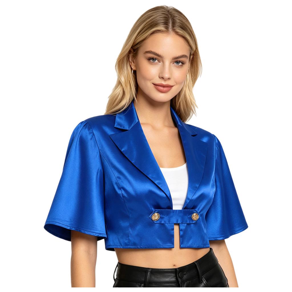 Women Satin Jacket Top Lapel Collar Flutter Sleeve Front Button Blouse Victorian Style for Casual Daily Party Wear