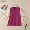 ZANZEA Damen Casual V-Ausschnitt Spleiß 3/4 Ärmel Lockere Bluse