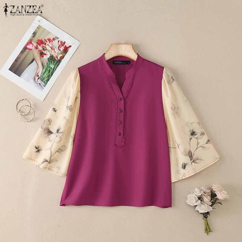 ZANZEA Damen Casual V-Ausschnitt Spleiß 3/4 Ärmel Lockere Bluse