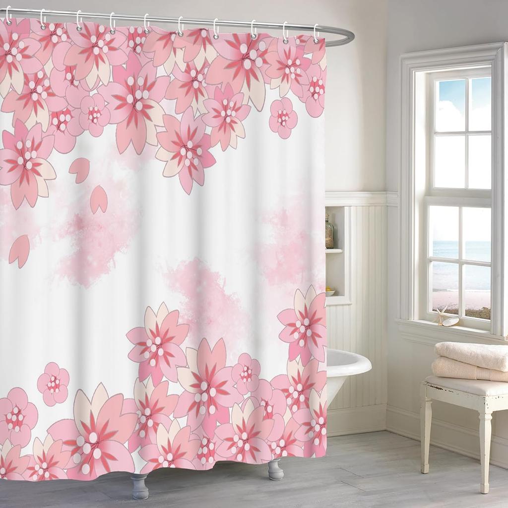 71x71 Inch Watercolor Pink Cherry Blossom Shower Curtain Dreamy Floral Petals Abstract Art Decor with Hooks