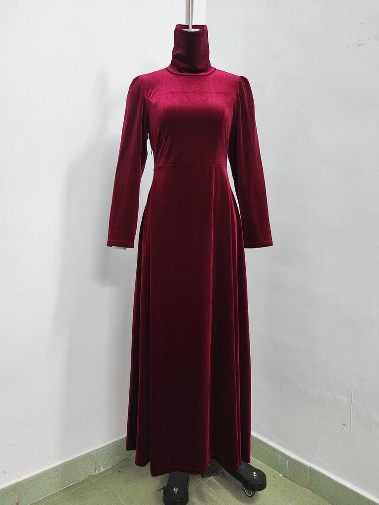Elegant Gold Velvet High Collar Puff Sleeve Cinched Waist Long Dress for Autumn & Winter