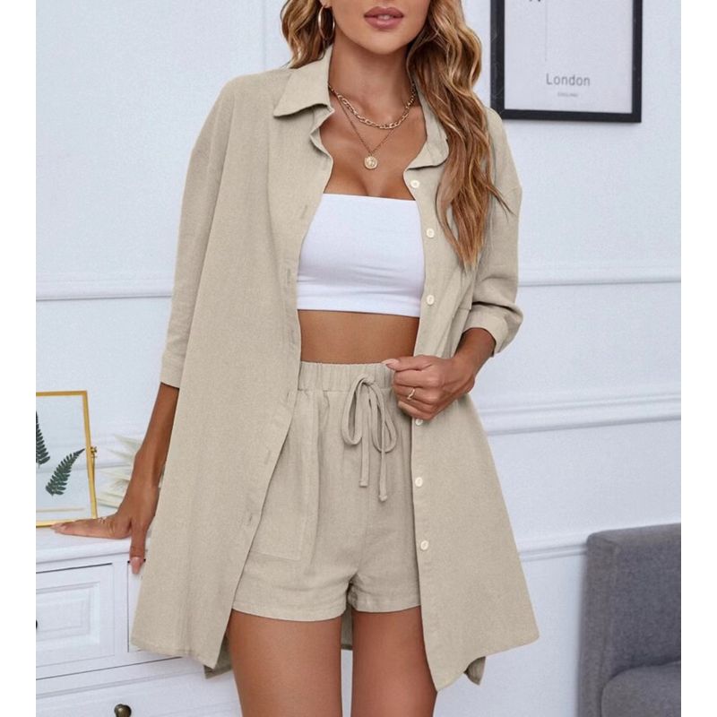 

Fashion Style Fashion Single-Breasted Shirt Shorts Pure Color Casual Loose Outfit Shirt and Shorts Set Apricot M