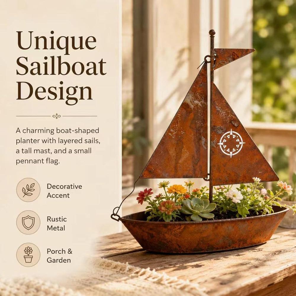 Rustic Sailboat Metal Planter,Metal Sailboat Garden Stake, Rustic Iron Yard Art, Vintage Nautical Theme Ideal for Garden, Patio, Outdoor Home Decor