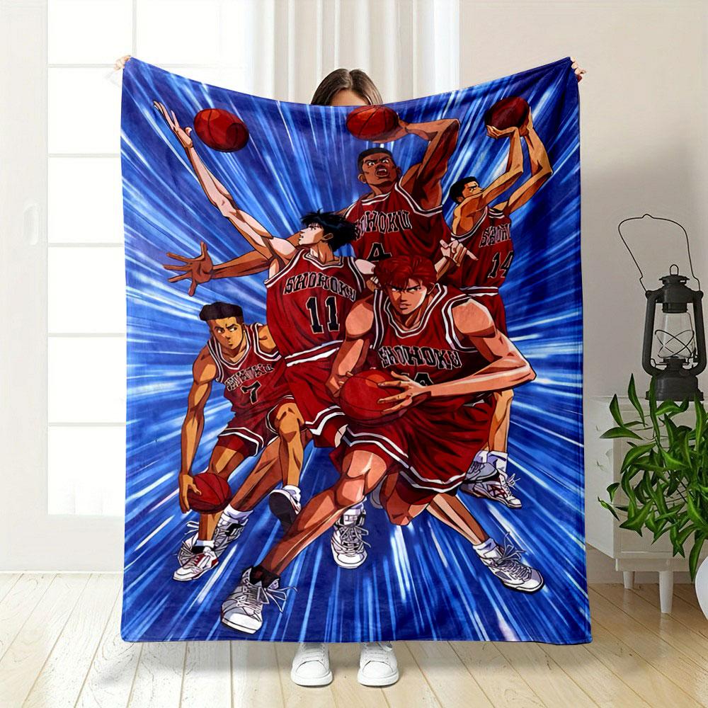 Basketball Players In Red Jerseys Dynamically Posing with Basketballs. for All Seasons Blanket Lunch Break Throw Gift 75X95CM