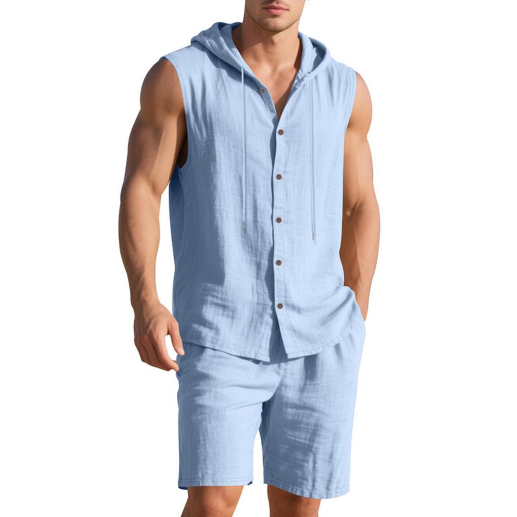 Men's Linen Set, Solid Color Lightweight Hooded Sleeveless Shirt And Elastic Waist Breathable Shorts, Two-piece Set, Men's Vacation Beach Set