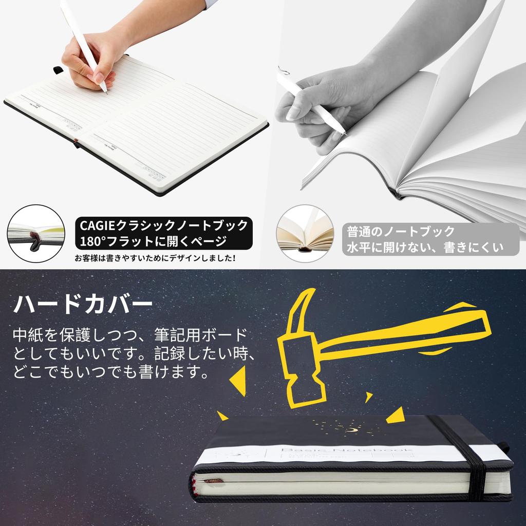 CAGIE Stylish A5 Hardcover Notebook, Cute 8mm Ruled Classic Notebook, Journal, Business Notebook, 14.5cm X 21cm, with Pen Holder, Black