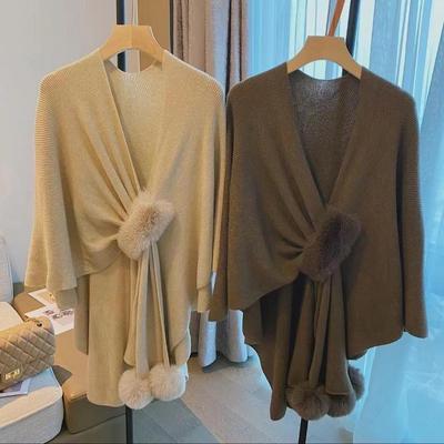 Autumn Retro Ribbed Knit Shawl Slit Cloak for Women