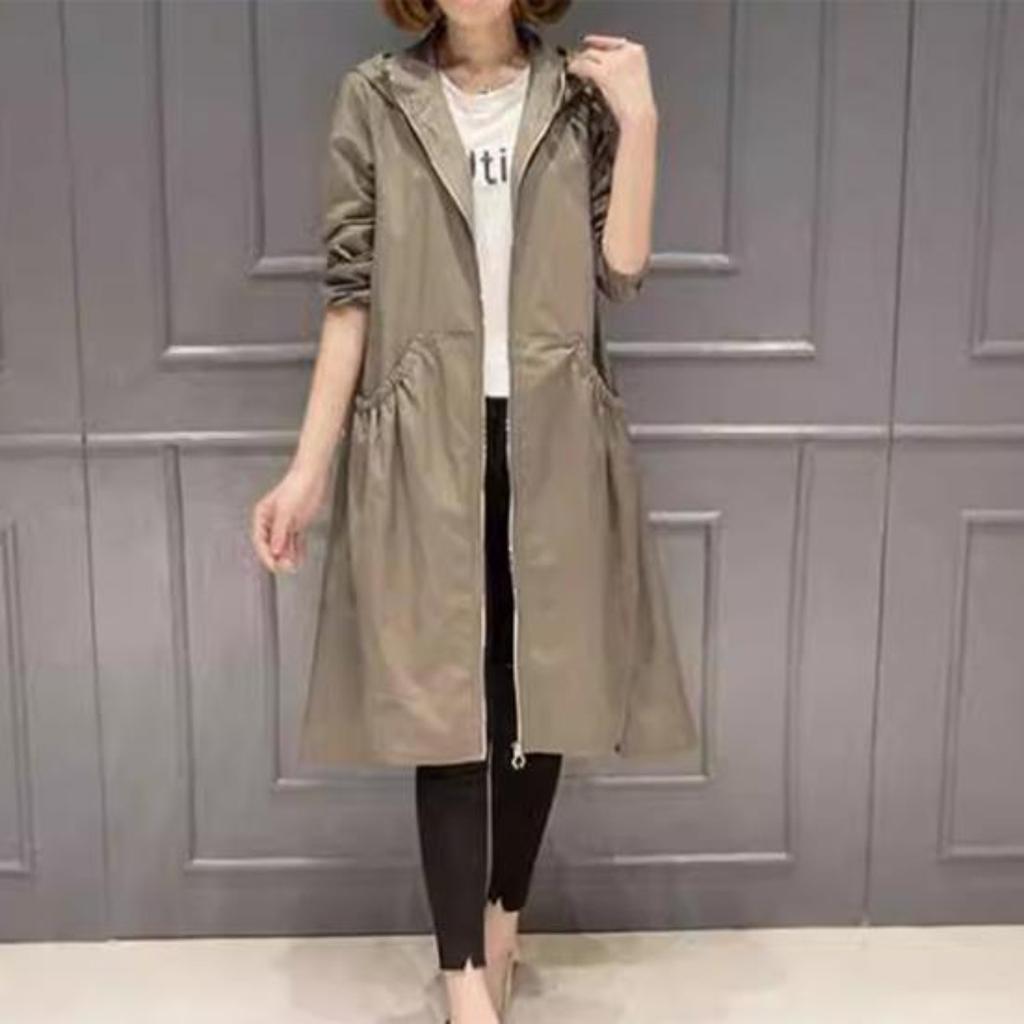 Femei, primăvară, toamnă, cu glugă, jachetă de vânt de lungime medie, cu fermoar, buzunare cu mânecă lungă, culoare solidă, trenci lung și subțire, îmbrăcăminte de stradă