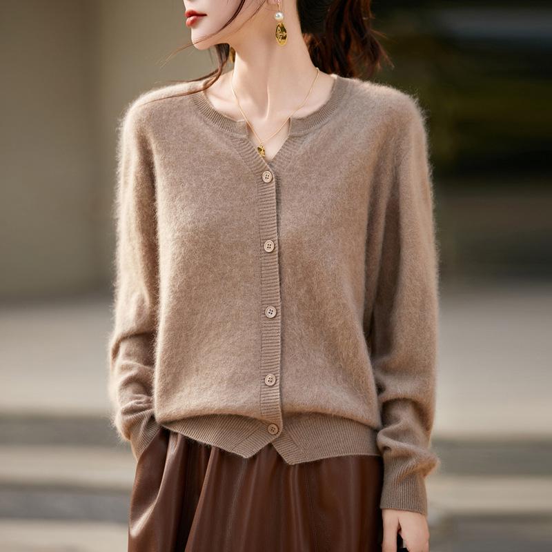 Women's Seamless 100% Pure Wool Cardigan - Round Neck, Loose Fit, Brushed Knit Sweater