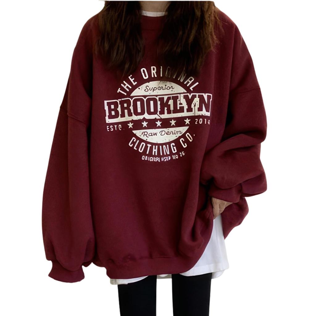 SeiunAn Long Sleeve English Logo Loose Plus Sizes Fall Korean Long Sleeve Long Crew Neck Women's Sweatshirt, Spring, Autumn, Winter, Pullover,