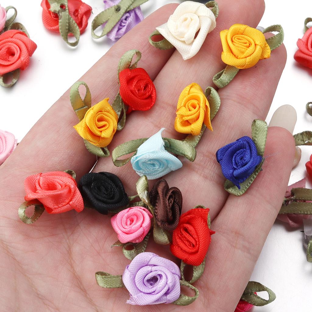 50pcs 1.5x2.5cm Mini Rose Flower Polyester Satin Ribbon Rosettes Fabric Appliques For Wedding Party Clothing Sewing Decoration