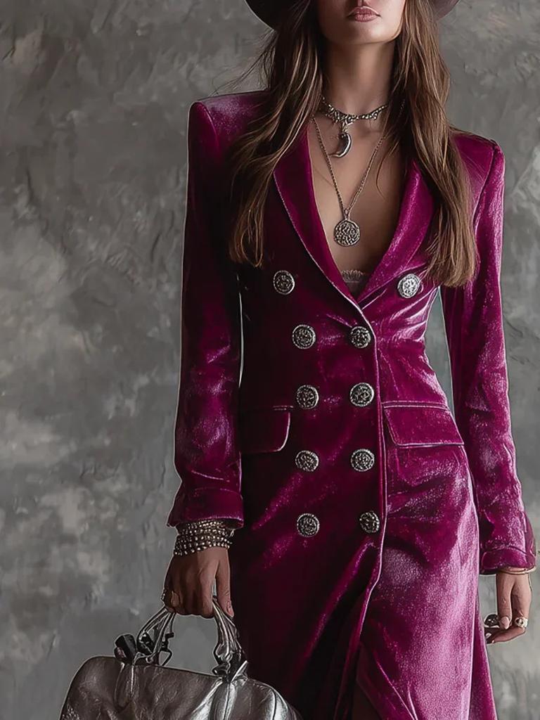 New Winter Women's Blazer Style British Wind Double-Row Button Slim Fit Gold Velvet Dress