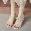 2025 summer new versatile crystal thick heel high heel sandals transparent slippers women's rhinestone pearl outer one-word drag