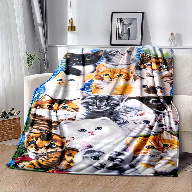 Anime Cartoon Cute Cat Printed Blanket Flannel Sofa Bed Cover Warm Office Travel Oversized Exquisite Bedding Gift Soft Blanket
