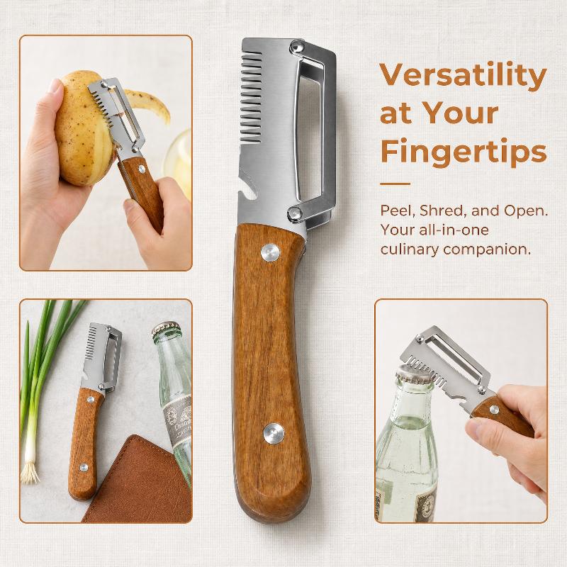Multi-Functional 3-in-1 Stainless Steel Serrated Vegetable Peeler With Wooden Handle Slicer Bottle Opener Kitchen Tool