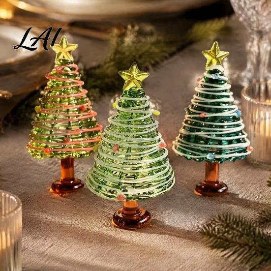 Christmas Table Centerpiece Glazed Tree Figurine Colorful Miniature Xmas Decor Handcrafted Small Ornament for Desk Glass Home Office Holiday