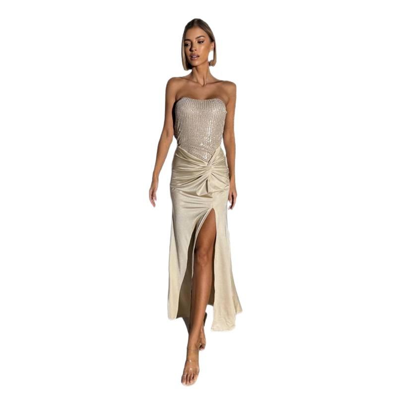 Rochie europeană și americană cu top tub, temperament omolog, crăpătură înaltă, paiete, rochie interioară cu splicing de mărgele, față-verso
