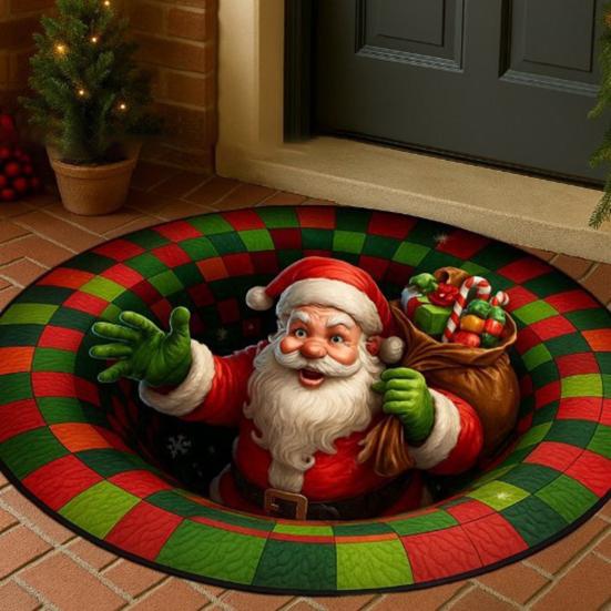 Christmas Santa Gnome Quilted Round Mat Festive Area Rug Non-Slip Backing Door Mat Living Room Bathroom Kitchen Absorbent Mat
