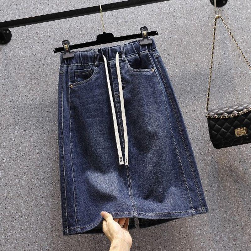 

European Amoi Plus Size Women s Clothing Elastic High Waist Lace-up Stretch Fashion A- line Cover Slim Looking Denim Skirt Fashion Dark Blue(Figure) XL(Suggested 50.00 kg-60.00 kg)