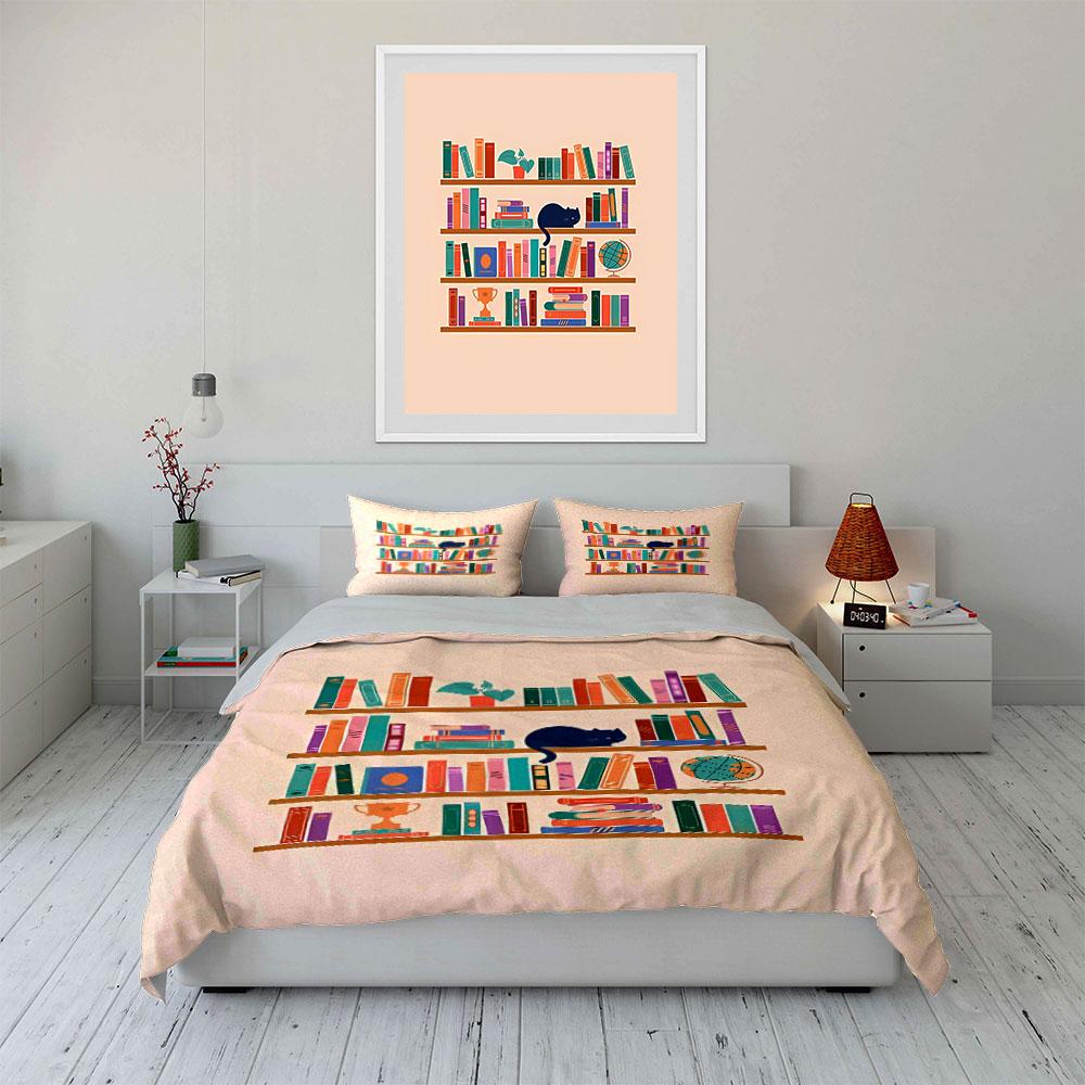 Bookshelves, cat, globe, trophy. Bedding sets Duvet cover sets Duvet covers Pillowcases(1*Duvet Cover 2*Pillowcases without duvet insert)