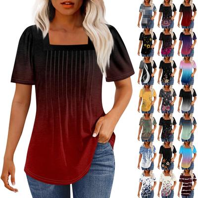 T Shirts For Women Pleated Square Neck Dressy Casual Blouses Printing Short Sleeve Summer Tops Loose Fit