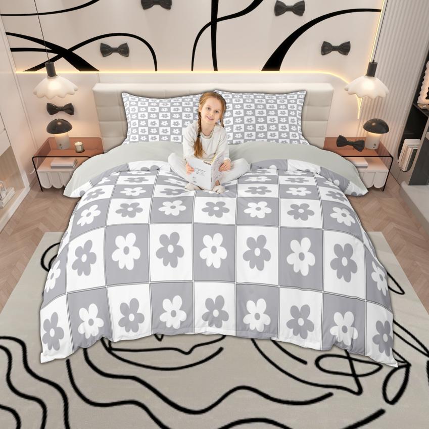 Comforter Homewish Cute Floral Plaid For Girls 2Pcs/3Pcs Kawaii Flower Checkered Bedding Set Cartoon Bedroom Decor