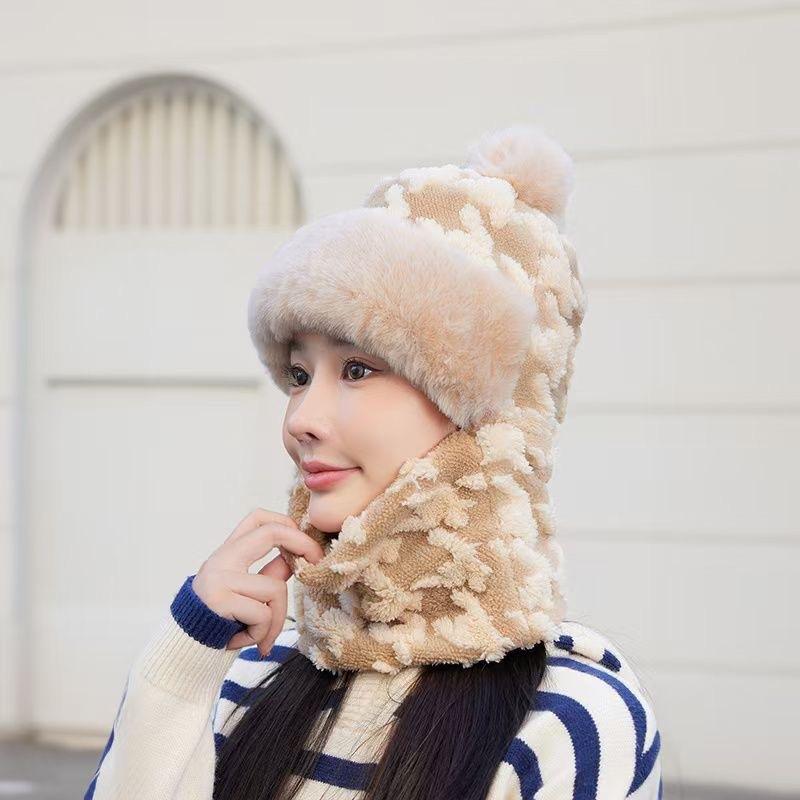 1Pcs Winter Knitted Hat Scarf Mask One-Piece Plush Pompom Beanies For Women Outdoor Cycling Cap Ears Neck Protection Skiing Cap